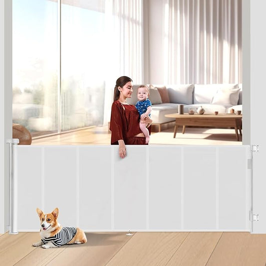 100 inch Retractable Baby Gates 42 inch Tall, Retractable Gate with Reinforced Strip Design to Prevent Crawling Through, 8 FT Extra Wide Retractable Dog Gate for Indoor/Outdoor