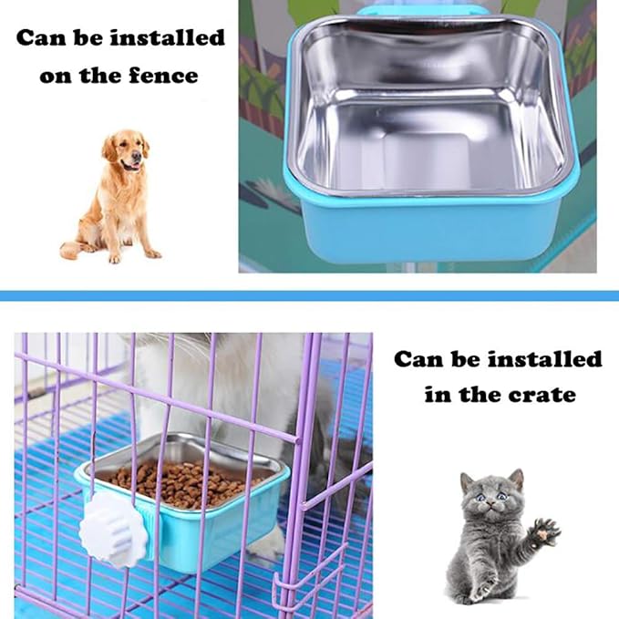 Love Dream Crate Dog Cat Bowls, Hanging Pet Cage Food Water Feeder with Removable Stainless Steel Bowls and Bolt Holder for Puppy Cat Rabbit Birds (Large, Green)