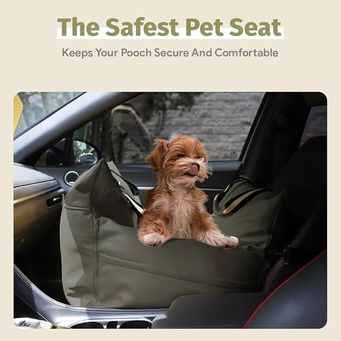 Car Seat & Dog Bed | Waterproof Booster Seat for Small & Medium Dogs Up to 30 Lbs | Easy to Carry with Handles & Storage Pockets (Olive)