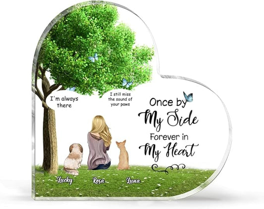 Gossby Personalized Heart-shaped Dog Memorial Acrylic Plaque - Custom Dog Remembrance Gift For Dog Mom With Design, Name - Dog Memorial Gift For Women Dog Lover - Forever In My Heart - Girl And 2 Dogs