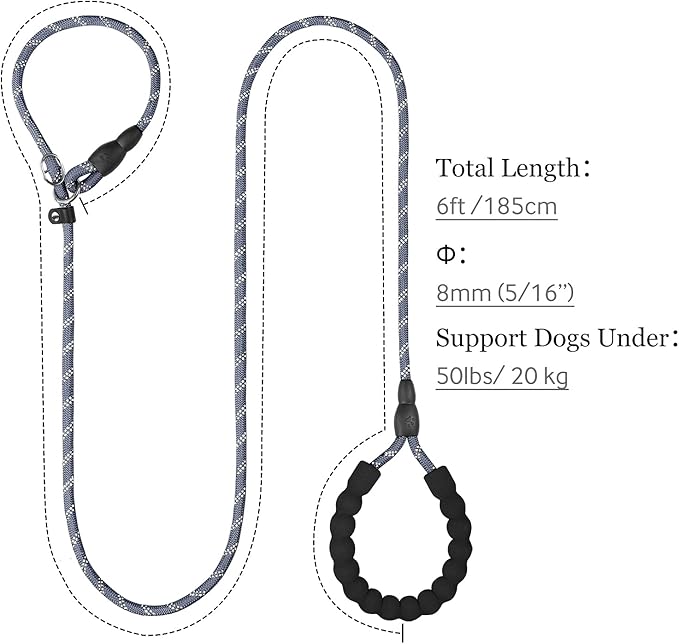 TagME Slip Leads for Dogs that Pull, 6 FT No-Pull Training Leash with Lock, Escape-Proof Design, Reflective & Padded Handle for Small Dogs, Gray