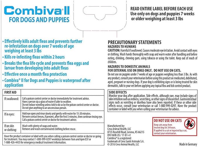 CEVA Animal Health D93150B Combiva II for Large Dogs 21-55 lbs. (3 Pack) Pet Flea Drops