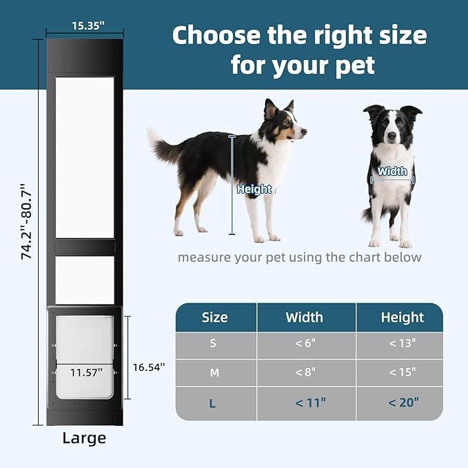 Dog Door for Sliding Glass Door, Magnetic Plastic Flap, Adjustable Height, No-Cut Insert with Lock, Ideal for Renters, Apartments, Patio Black L