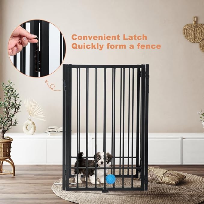 SMONTER Free Standing Dog Gate with Door Walk Through, 80.5'' Extra Wide Indoor Dog Fence, 31.5'' Height 4 Panels Foldable Metal Pet Puppy Gate for Stairs, Hallways, Doorway