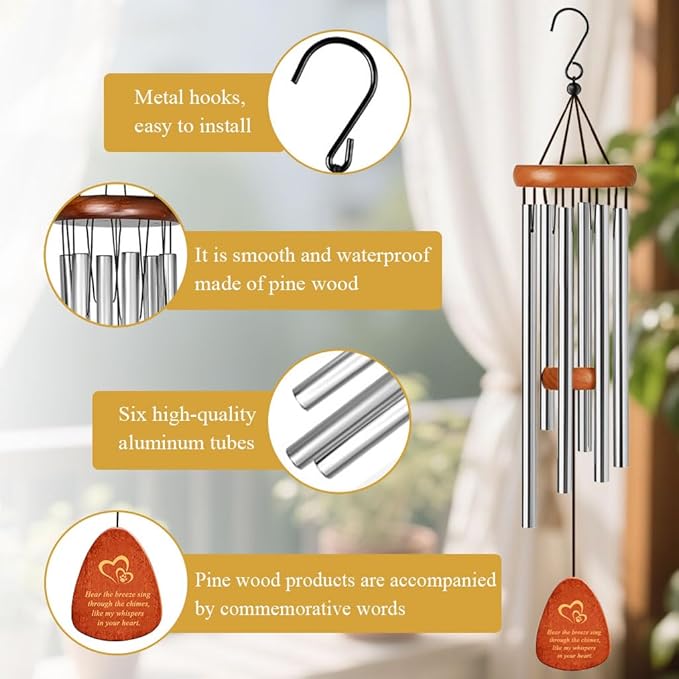 Dog Memorial Gifts Wind Chimes, Pet Loss Sympathy Gift, 25.5'' Dog Cat Passing Away Remembrance Wind Chime with Rainbow Bridge Poem Card, Silver