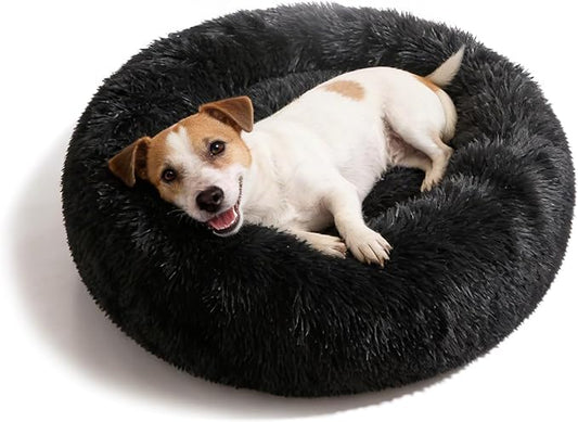 Calming Donut Dogs Beds for Small Dogs Washable,28inch Plush Round Pet Bed for Cozy Sleep,Fluffy Faux Fur Large Cat Bed,Fits up to 30 lbs Pets,Black
