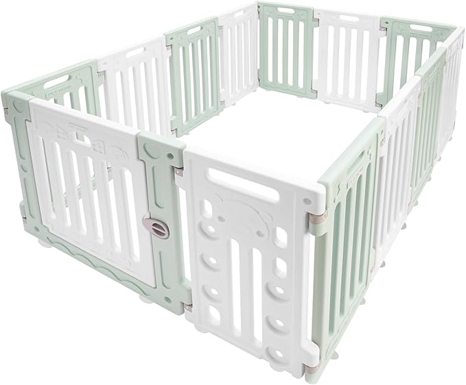 Dog Playpen with Door, 12 Panels Pet Safety Fence Foldable Puppy Pen Indoor Dog Fence, Plastics Enclosure Dog Pen Indoor for Small Dogs and Cats, Easy Assemble (Green)