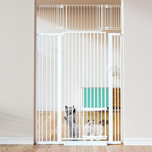 COMOMY 71" Extra Tall Pet Gate for Cats, 29.5-43" Extra Wide Cat Gate with Adjustable Cat Door, Pressure Mounted Easy Walk Through Pet Gate with Door for Stairs, Doorways, Kitchen(White)
