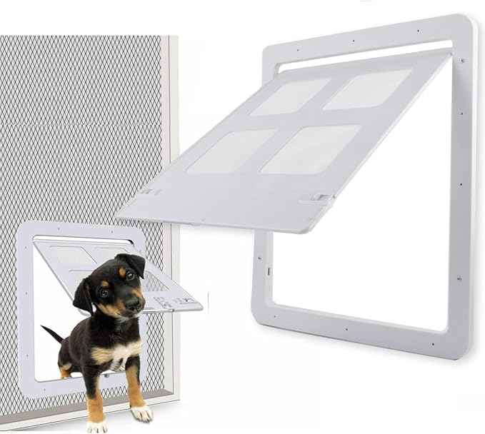 Dog Cat Door for Screen Door with Magnetic Flap Lockable, Magnetic Closure Sturdy Screen Pet Door for Existing Sliding Door, Window (L (Inside Size: 14.5"*12.2"), White)