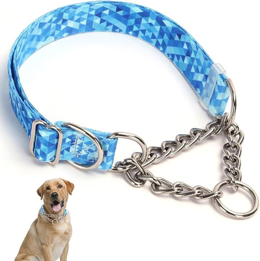 Stainless Steel Chain Collar Martingale, No Pull Slip Cinch Choker Choke Collar Training Escape Proof Heavy Duty Dog Collar for Small Medium Large Pet Boy Male Dogs, Blue L