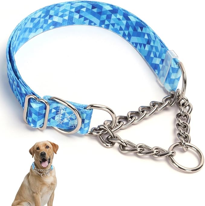 Stainless Steel Chain Collar Martingale, No Pull Slip Cinch Choker Choke Collar Training Escape Proof Heavy Duty Dog Collar for Small Medium Large Pet Boy Male Dogs, Blue M