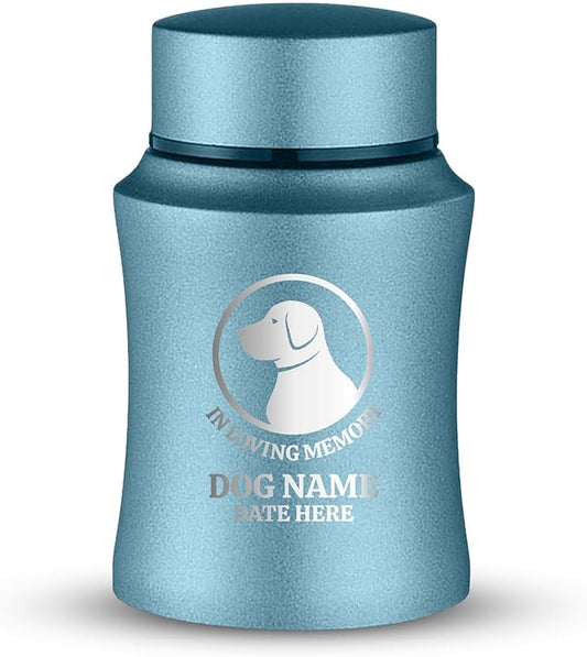 Customized Small Keepsake Urn Personalized Engraved with Pet Name, Date, and Text - 4" Powder Coated Cremation Mini Compact Urn for Dogs Ashes | 5–10 Lbs Capacity | Powder Blue, Labrador Silhouette