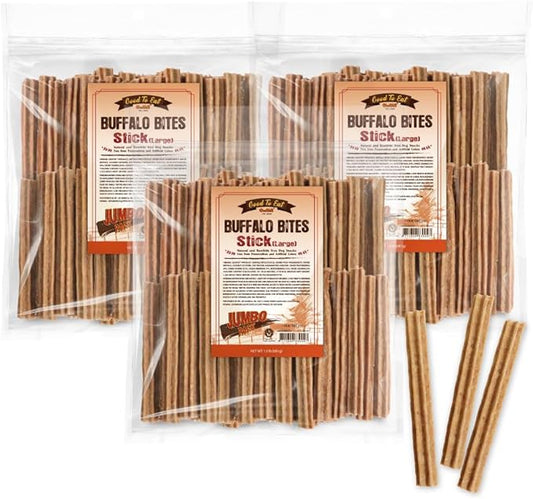 Gootoe Buffalo Dog Treats, Natural Low-Fat Chews for Training & Rewards, Limited Ingredient, Puppy Treats for Medium Dogs, Resealable Bag, Buffalo Bites Stick (Large), 1.5 lb (Pack of 3)