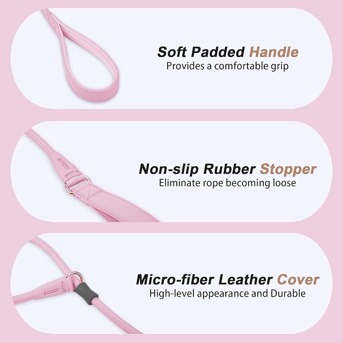 Slip Lead Dog Leash, Double Handle, Soft Leather, Heavy Duty Nylon, No Pull Walking, 5ft Pink