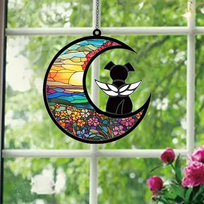 Angel Dog Memorial Suncatcher - Black Angel on Moon, Acrylic Pet Sympathy Gift for Dog Lovers