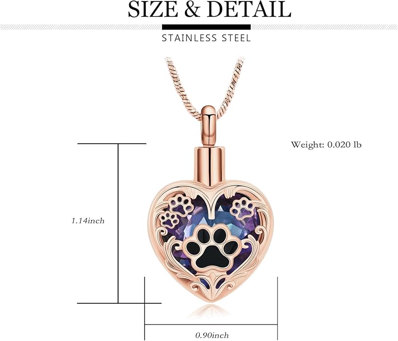 Heart Urn Necklace For Ashes Birthstone Pet Memorial Jewelry Dog Paw Print Cremation Pendant Stainless Steel Keepsake Gift For Pet Lovers