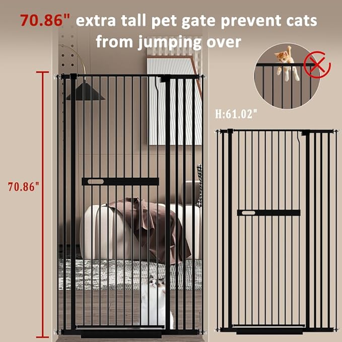 71" Extra Tall Cat Pet Gate for Doorways Indoor Proof，29.92-45.67" Wide Tall Dog Puppy Safety Baby Gate for Cat Pet, Pressure Mounted No Drill Walk Through Black Metal