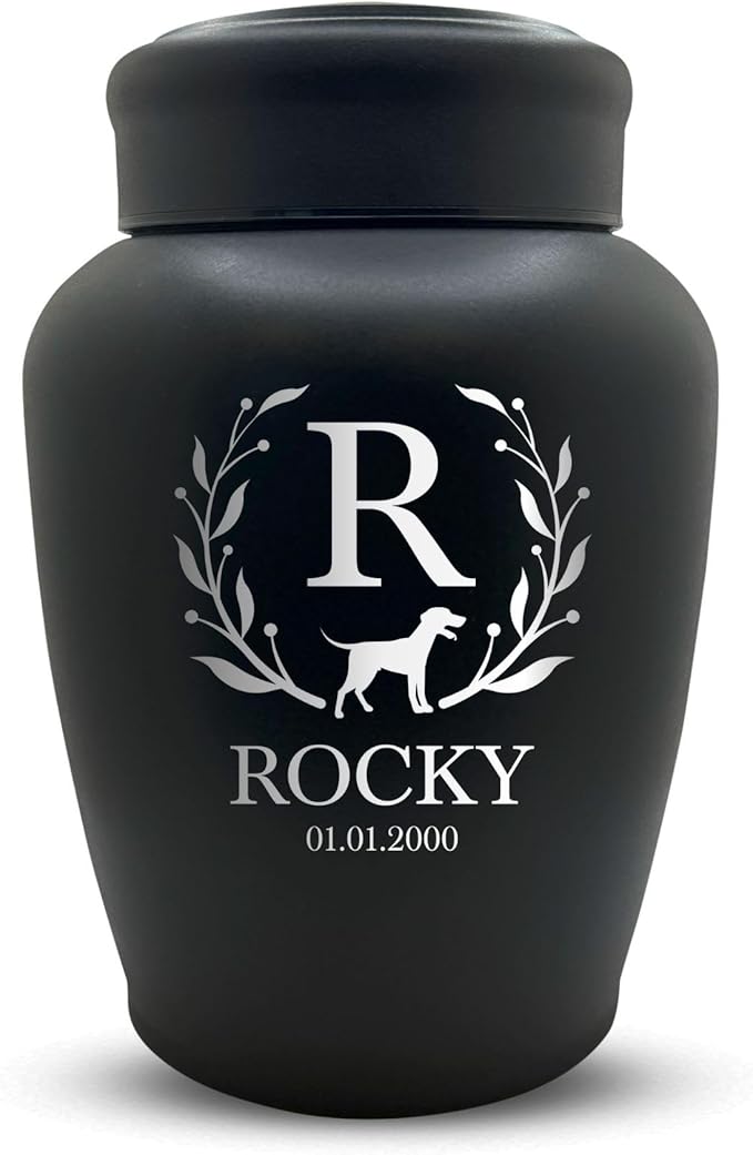 Personalized Custom Dog Urn Engraved Dog Name and Date - Stainless Steel Large Cremation urns for Dogs Ashes with Airtight Closure | up to 150 lbs Capacity | Flower Border