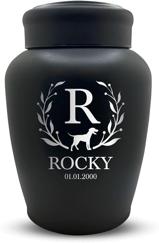 Personalized Custom Dog Urn Engraved Dog Name and Date - Stainless Steel Large Cremation urns for Dogs Ashes with Airtight Closure | up to 150 lbs Capacity | Flower Border