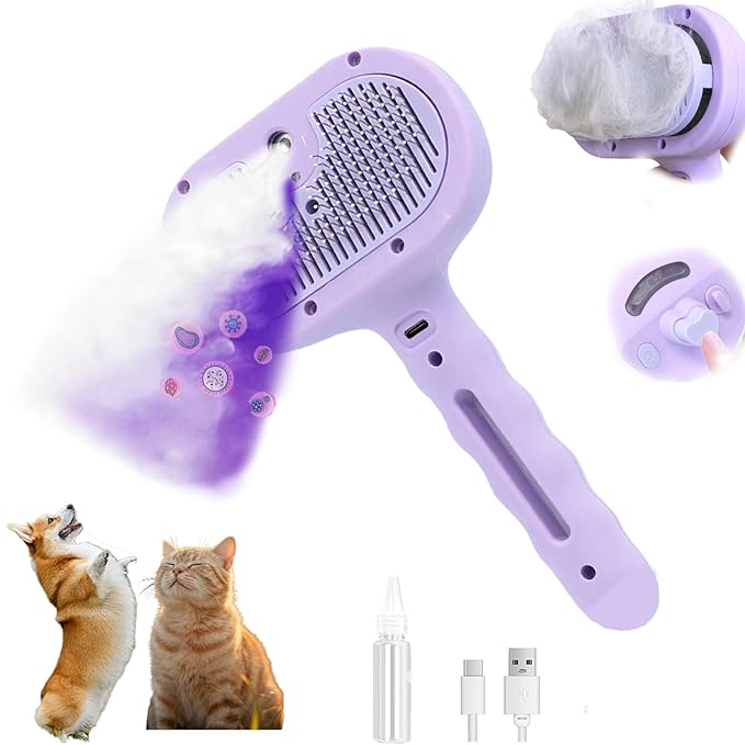 2025 Dog Steam Brush, 4-in-1 Universe Dog Brush with Spray and UV Disinfection, Effortlessly Removes Loose Fur, Dirt while Massage Pet (Purple)