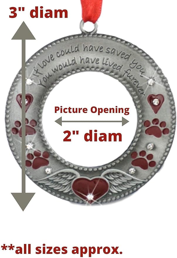 Pet Memorial Ornament - Dog or Cat - Enameled & Jeweled with Red Hearts, Angel Wings & Paw Prints - Bag Included - Choose The Customized Option and We Will Insert Your Photo - 3" D