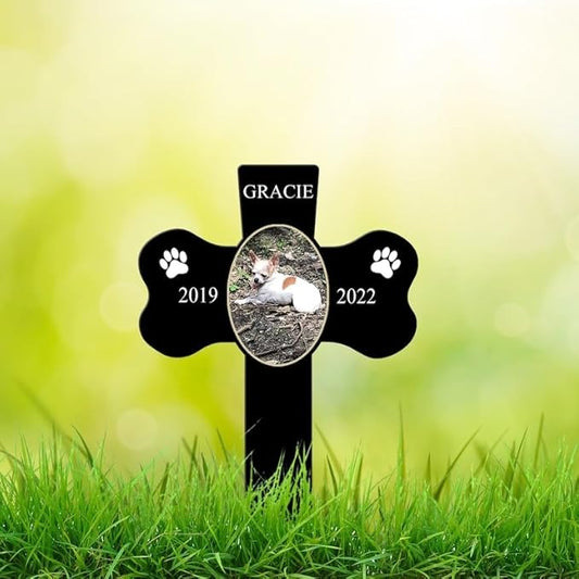 Personalized Dog Memorial Stake Custom Dog Cat Photo Cross Dog Bone Metal 12x12 inch Pet Grave Marker Dog Loss Gift Sympathy Gift for Dog Lover (Style 28)
