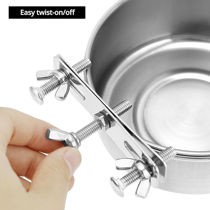 QWORK Kennel Water Bowl, 2 Pcs, Stainless Steel, Rust Resistant, Wide-Mouth Design, Twist On/Off Mounting