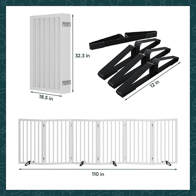 Freestanding Extra Wide Dog Gate Indoor, 6-Panel Wooden Pet Gate with 2 Metal Stands and 360°Hinge, Tall Dog Gates for Doorways, Stairs, Doorways, Kitchen, Foldable Safety Fence, 110"W x 32"H - White