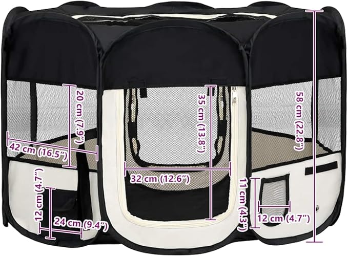 vidaXL Dog Playpen Black and Cream Polyester and Steel Medium Foldable