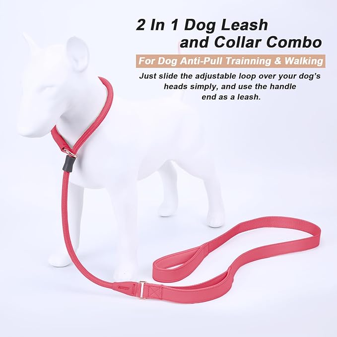 Slip Lead Dog Leash, Dog Training Leash with Double Handle, Soft Leather Slip Leash and Collar, Heavy Duty Nylon Dog Lead, No Pull Walking for Medium Large Small Dogs 6ft Hot Pink