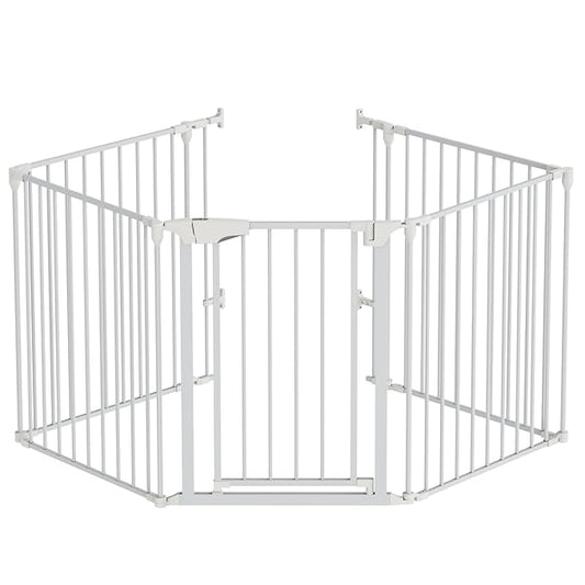 Bonnlo 120-Inch Wide Metal Baby Safety Fence/Play Yard Adjustable Fireplace Hearth BBQ Fire Gate Christmas Tree Gate 5-Panel Playpen for Toddler/Pet/Puppy/Cat/Dog, 25.39"W x 29.3" H Each Panel, White