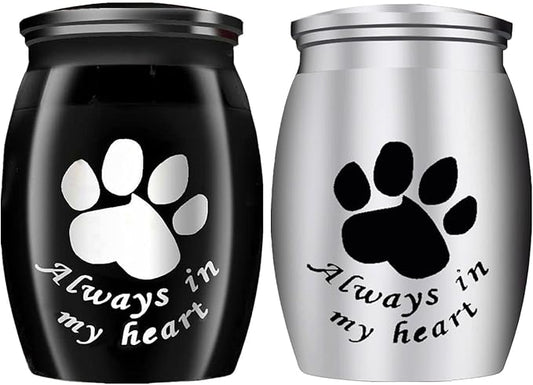 Small Keepsake Urns for Pet Ashes, 1.58 Inch Mini Cremation Urns for Ash with Paw Pattern,Stainless Steel Decorative Memorial Mini Funeral Urn for Ashes (Silver+Black, 1.58inch, Paw-2 Pack)