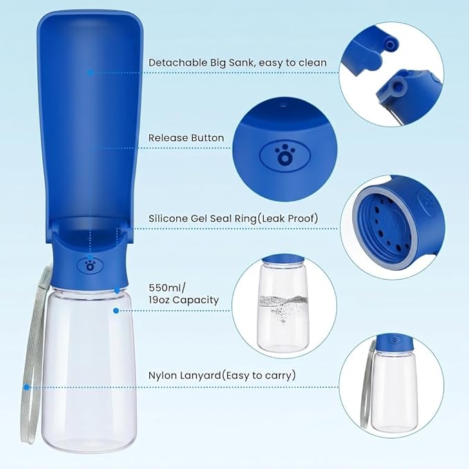 Portable Dog Water Bottle for Walking – 19oz / 12oz Foldable Pet Water Dispenser for Puppies, Medium & Large Dogs – Leak Proof Travel Water Bowl for Small Animals Dog Accessories(19OZ Dark Blue)