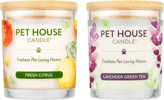 One Fur All Pet House Candle 2 Pack - Plant-Based/Soy - Clean Burning Scented, Long Lasting Pet Odor Candle for Home - Fresh Citrus, Lavender Green Tea