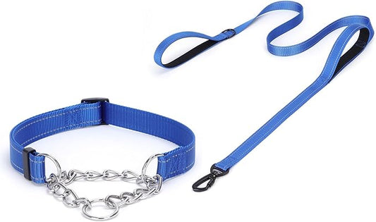 Martingale Dog Collar with Stainless Steel Chain and Leash Set, Martingale Collar with Reflective, 5FT Double Handle Dog Leash Padded, Adjustable for Medium Large Dogs (M, Dark Blue)