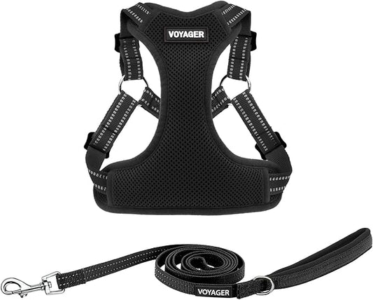 Best Pet Supplies Voyager Adjustable Step-in Flex Breathable Mesh Dog Harness for Small Medium Large Dogs Leash Set (Black), L