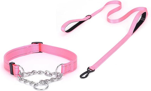 Martingale Dog Collar with Stainless Steel Chain and Leash Set, Martingale Collar with Reflective, 5FT Double Handle Dog Leash Padded, Adjustable for Medium Large Dogs (M, Pink)