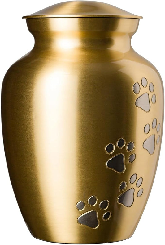 Ottillie Paws Legacy Series Pet Urn for Dogs, Handmade Brass Memorial Cremation Urn (Large - Pets up to 115 lbs, Brass, Vertical Pewter Paws)
