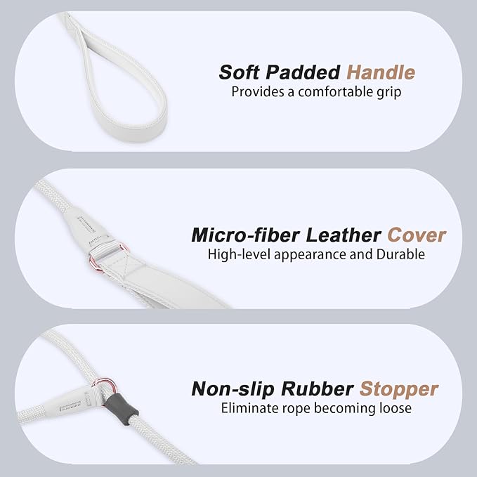 Slip Lead Dog Leash with Double Handle, Soft Leather Nylon Slip Collar, Heavy Duty Dog Rope Lead, No Pull Walking Leash for Medium Large Small Dogs, 6ft White