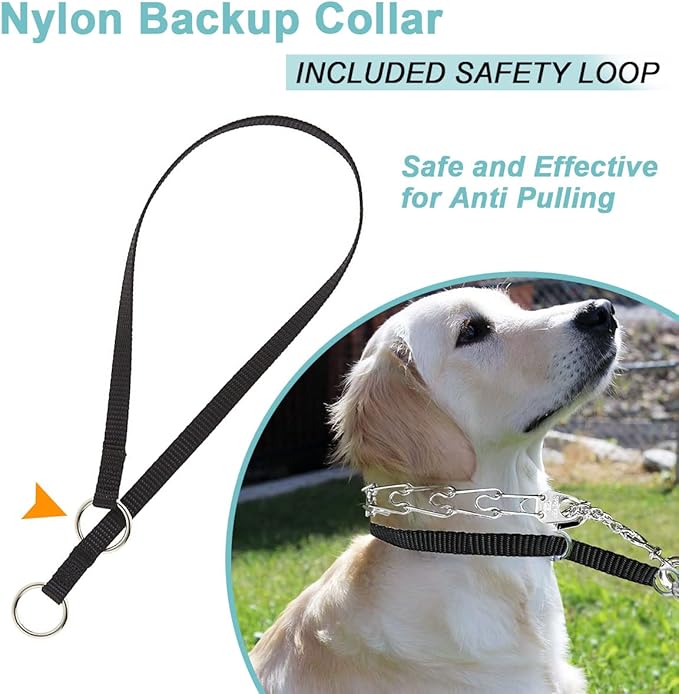 Mayerzon Backup Collar, Double Ended Clip and Carabiner for Prong Collar, Pinch Collar and Dog Harness, Safety Use for Walking and Training (XL, Black)