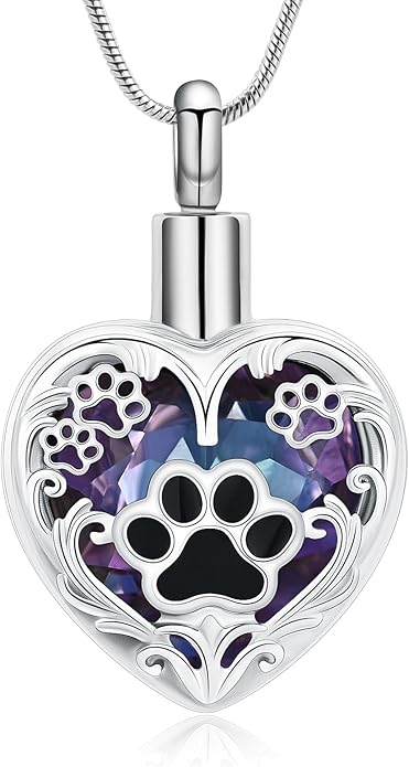 Heart Urn Necklace For Ashes Birthstone Pet Memorial Jewelry Dog Paw Print Cremation Pendant Stainless Steel Keepsake Gift For Pet Lovers
