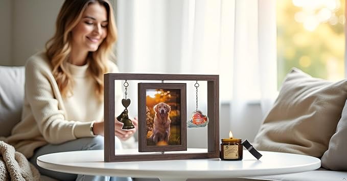 Dog Memorial Picture Frame As Pet Memorial Gifts - Rotating Wooden Frame for 4x6 Photo with Soy Candle, Dog Loss Sympathy Gift Set for Bereavement Remembrance, Remembrance Gift