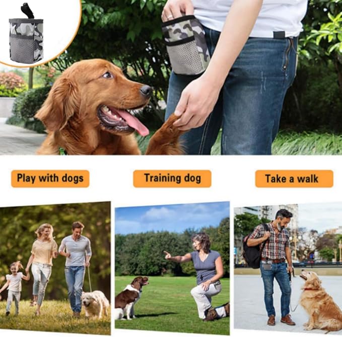 Mini Dog Treat Training Pouch Clip On Belt Hand-Free Pet Snack Bag Portable Puppy Training Reward Pouch Auto Closure for Dog Training Behavior Aids (Camouflage)