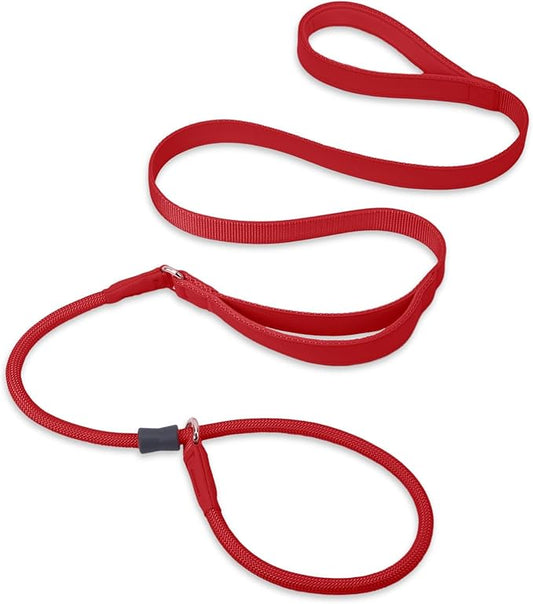 Slip Lead Dog Leash, Double Handle, Soft Leather, Heavy Duty Nylon, No Pull Walking, 5ft Red