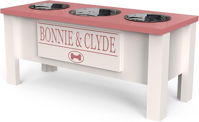 GTW Elevated 3 Bowl Dog Feeding Station - Customized Triple Stand for Large Dogs - Includes Storage & Stainless Steel Bowls (Large, Pink)