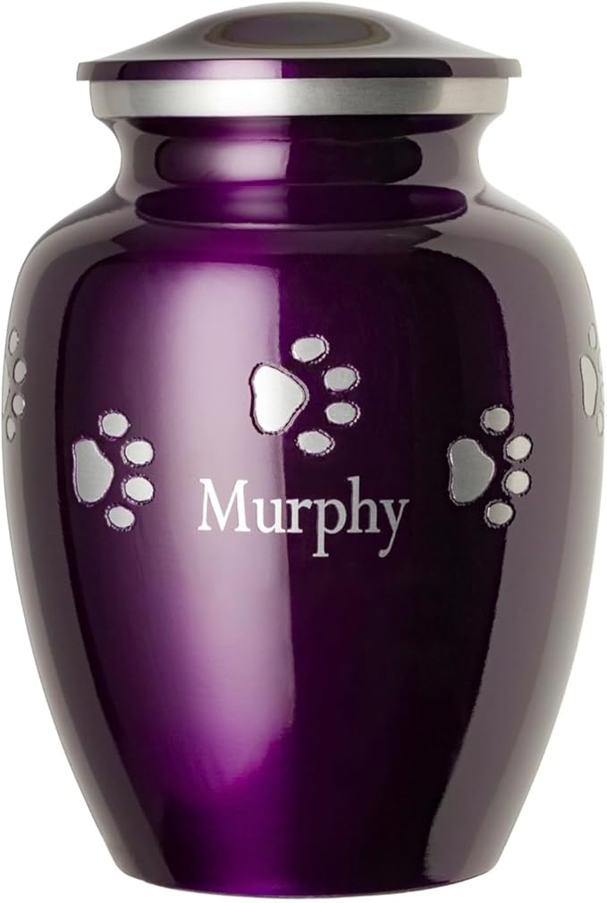 Ottillie Paws Premier Series Pet Urn for Dogs with Personalized Laser Engraving (Large - Pets up to 115 lbs, Amethyst Purple with Horizontal Pewter Paws)