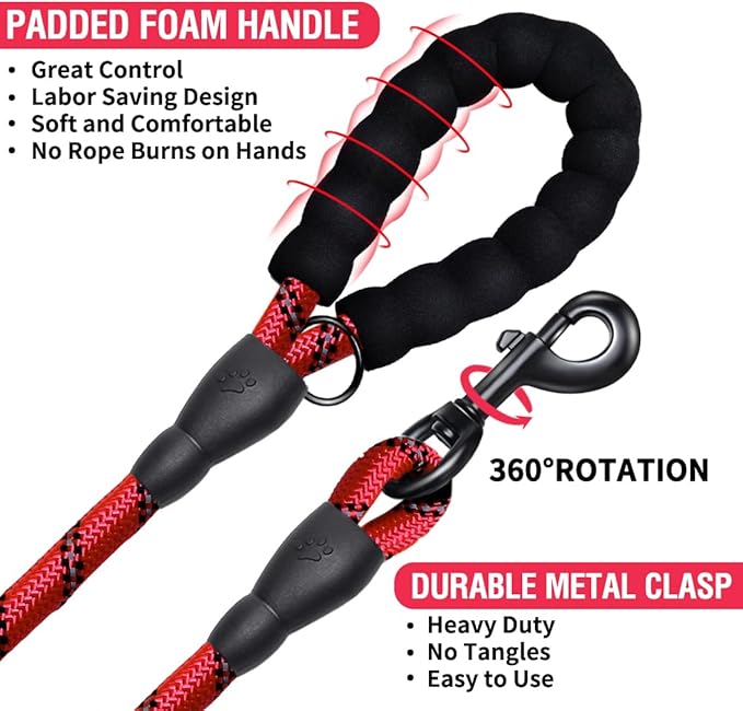 COOYOO Dog Leash 6 FT Heavy Duty - Comfortable Padded Handle - 1/2 inch Reflective Dog Leash for Medium Large Dogs with Poo Bag Dispenser
