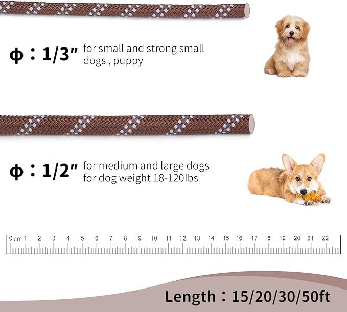 Long Dog Leash for Training 20Ft-Reflective Nylon Rope with Swivel Hook-Recall Agility Lead for Large Small Medium Dogs Outside Walking Hiking-Brown