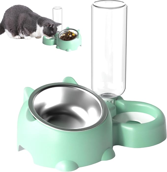 Dog Bowls, Cat Food and Water Bowl Set 16 Degree Tilted Dog Dish with Water Dispenser Automatic Dispenser Bottle Spill Proof Pet Feeder for Cats and Dogs