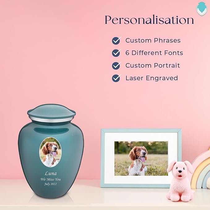 Geturns Embrace Personalized Picture Urn for Small Pets I Teal Photo Cremation Urns for Dogs and Cats I 44 lbs